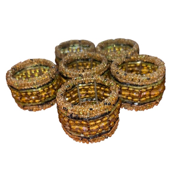 Vintage Gold and Green Tone Seed Beaded Napkin Rings - Picture 2 of 2